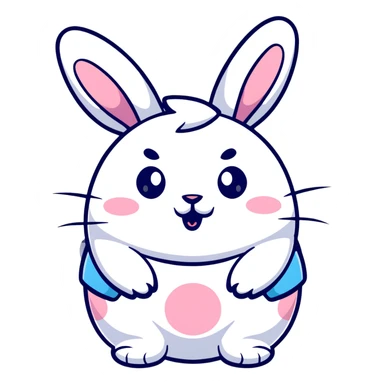 A fat bunny character in Sanrio style like Hello Kitty, large head with big round eyes, blushing cheeks, small mouth, minimal facial features, tiny spikes, pastel pink and blue colors, clean bold outlines, rounded shapes sticker