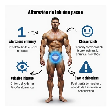 realistic infographic in Italian: bodybuilder with pelvic area highlighted by blue halo, arrows pointing to 'Alterazione ormonale' and 'Difficoltà di concentrazione', attention icons, white background sticker