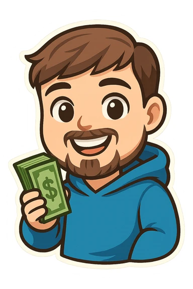 cartoon emoji of MrBeast smiling, holding a stack of cash, blue hoodie, trimmed beard, brown hair sticker