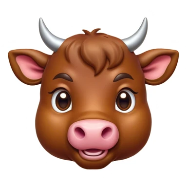 Cinematic Cute Brown Bull Portrait Emoji, Head tilted playfully and inquisitively, featuring a glossy, robust brown hide with a natural sheen, round, sparkling dark eyes filled with gentle curiosity, Simplified yet irresistibly adorable features, highly detailed, glowing with a warm, friendly glow, high shine, affectionate and imposing, stylized with a touch of rugged charm, bright and endearing, soft glowing outline, capturing the essence of a mischievous yet loving bull, so playful it feels like it could stomp out of the screen and into your arms! sticker