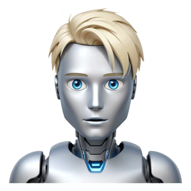 Male humanoid robot with messy straight blond hair, metallic face, digital eyes, sharp jawline, futuristic sticker