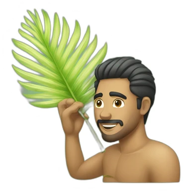 a man is laying a someone fan him with palm leaf sticker