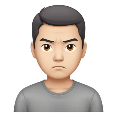 Asian man in a gray shirt with a frown sticker