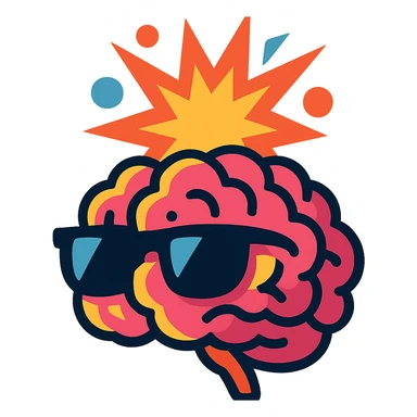 stylized brain with sunglasses, top half erupting in a vibrant, energetic explosion sticker