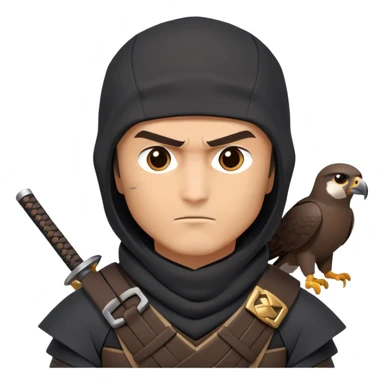clash-of-clans-aesthetic_-cinematic-mysterious-male-ninja-portrait-emoji, rendered in a flat, vector-style with minimal shading and bold, simplified shapes, with a head slightly turned revealing intense, focused eyes. the ninja has his arm out and perched on top of his forarm is  a peregrin falcon  sticker