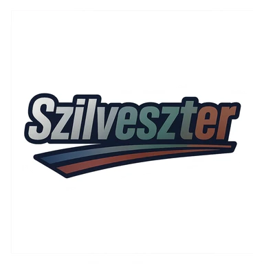 Szilveszter name in a masculine, modern gradient font with precise Hungarian characters, dark contour, extra wide and prominent white border like the uploaded sample, dynamic slanted underline, masculine color shades including blue, gray, burgundy, green, and brown, 1000x1000 px, PNG, transparent background sticker