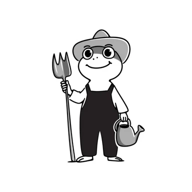 frog in cowboy hat and overalls, holding gardening tools sticker