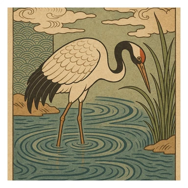 ukiyo-e style illustration of a crane bird standing in water sticker