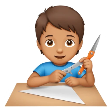 child cutting paper with safety scissors, cheerful and creative sticker