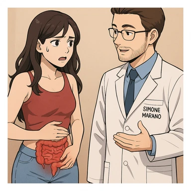 prendi spunto da questo stile di disegno e fai un webtoon/manga a colori con questo nutrizionista in camice bianco (fagli la scritta "SIMONE MARANO" SUL CAMICE) in piedi CHE PARLA CON UNA RAGAZZA in piedi accanto a lui. la ragazza GLI chiede UNA COSA preoccupata mentre si tocca la pancia e ha un intestino umano infiammato sulla pancia, e IL NUTRIZIONISTA CON IL CAMICE BIANCO le risponde mentre annuisce. la ragazza falla mora, con top rosso e jeans chiari, NON FARE I FUMETTI, FAI SOLO LORO COME SE DIALOGASSERO, falli a figura intera. la ragazza falla a sinistra e il nutrizionista a destra sticker