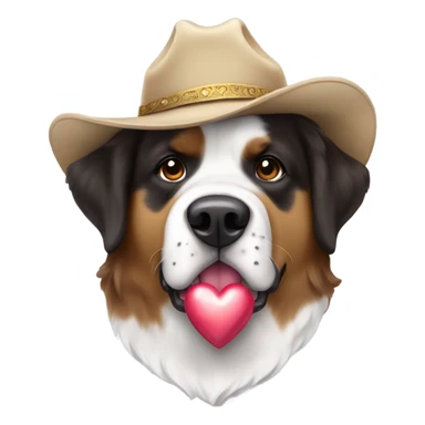 A Saint Bernard mixed with an Australian shepherd wearing a cowboy hat and holding a heart  sticker