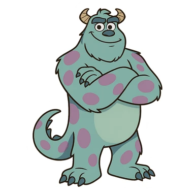 James P. Sullivan Sulley from Monsters Inc, standing with arms crossed, confident, blue and purple, cartoon monster, style matching confident Mike Wazowski sticker