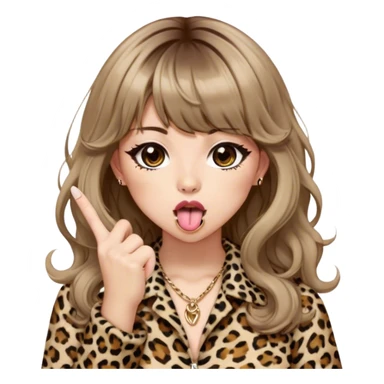  girl with brown medium length wavy hair with bangs, in leopard print gyaru fashion, with tongue out, middle finger sticker