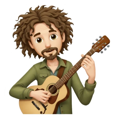Generate a malnourished dude with curly hair and a shitty goatee who is high on marijuana playing the guitar and twisting a strand of his hair sticker