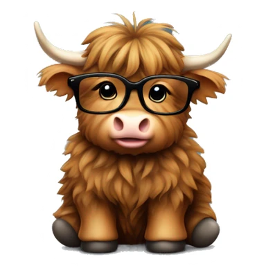 Cute Fluffy brown Highland cow baby sitting with a black glasses in a sweather sticker
