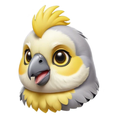 Cinematic Cute Cockatiel Portrait Emoji, Head tilted playfully and inquisitively, featuring a smooth grey fur with bright yellow accents and a perky crest, round, sparkling dark eyes filled with curiosity, Simplified yet irresistibly adorable features, highly detailed, glowing with a warm, friendly glow, high shine, affectionate and lively, stylized with a touch of whimsy, bright and endearing, soft glowing outline, capturing the essence of a mischievous yet loving cockatiel, so playful it feels like it could chirp out of the screen and into your arms! sticker