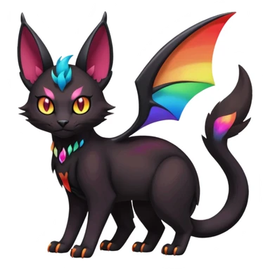 Obsidian-pitch-Black with rainbow-markings edgy Noivern-Purloin-Torracat-Lykoi-Caracal-cat-Fakemon-fusion-hybrid-creature sticker