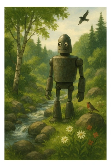 robot protagonist from The Wild Robot, exploring a wild landscape, nature elements, cinematic style, gentle expression sticker