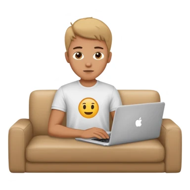 A young guy is lying on the sofa with a laptop sticker