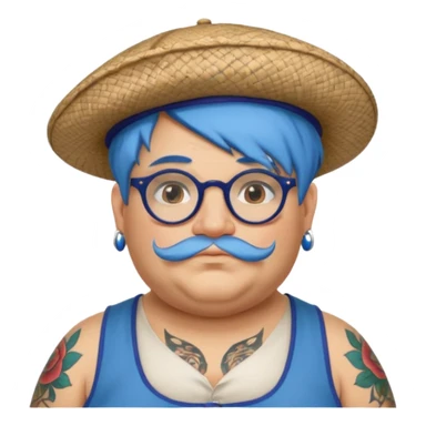 very tattoed face, normal glassess, fat venice gondolier with iconic hat and blue hair woman sticker