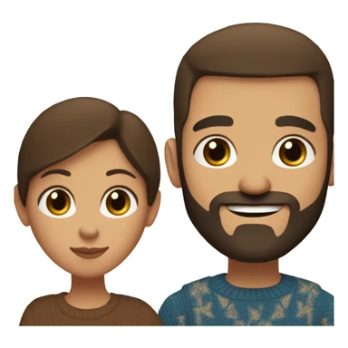 Comforting hug from brunette Puerto Rican with dark brown eyes wearing a cute blue top to short, bald man with brown eyes and a beard wearing a brown sweater sticker