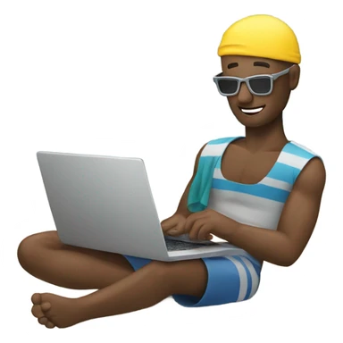 Man working with laptop on beach while holiday sticker