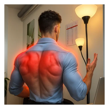 Realistic man seen from behind, inspired by the face in the provided photo but framed from the back. Athletic and muscular body with well-developed back and triceps, highlighted by a glowing red halo around these areas. Realistic style with a positive and motivational atmosphere. sticker