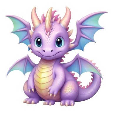 Cinematic fluffy pastel dragon, tiny round wings, chubby feet, sparkling gentle eyes, delicate glowing scales, soft colors blending magically, enchanting and whimsical. sticker
