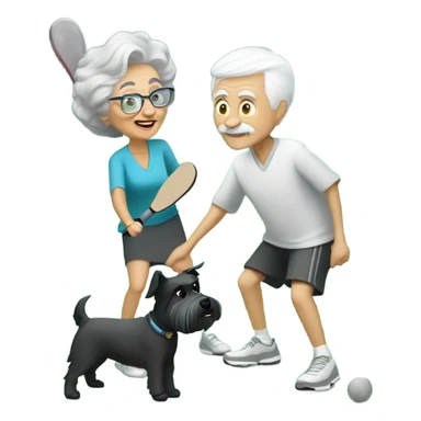 A small grandma with short grey hair, and thin grandpa with a short white beard playing pickle ball with a small black and white schnauzer sticker