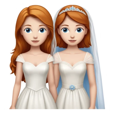 A ginger woman with blue eyes, marrying a taller woman with brown hair and hazel eyes, both in wedding dresses. sticker