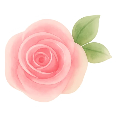 Create a 3D iOS style watercolor illustration of a single soft pink rose with green leaves. The image should have a delicate watercolor texture, a soft glossy look, and smooth shading. The format is square with no background (transparent). sticker