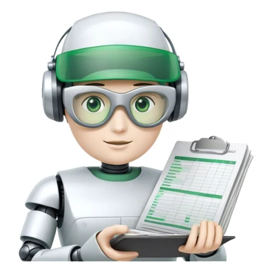 human like robot bookkeeper wearing Green eyeshades visor used by accountants and holding spreadsheets sticker