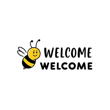 Welcome tag with a happy bee, black and yellow stripes, 'WELCOME' text sticker