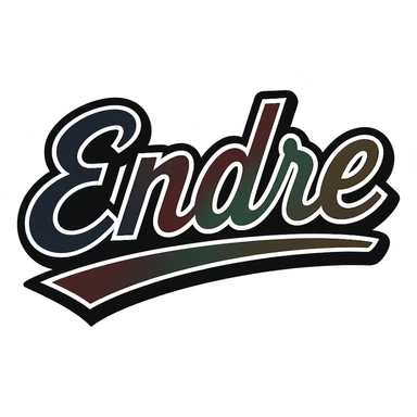 Endre name in masculine, modern gradient font with dark contour, prominent and clearly visible white outline around the letters as in the sample, dynamic slanted underline, masculine color shades (blue, gray, burgundy, green, brown), 1000x1000 px, PNG, transparent background, in the style of the uploaded Attila sample. sticker