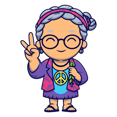hippie grandma with round glasses, peace sign, tie-dye shirt, grey hair in braids sticker