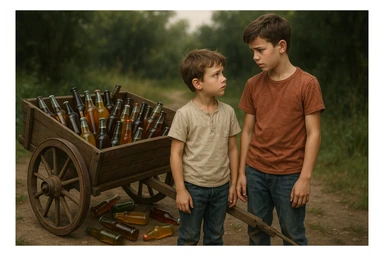 Bir g'ildiragi singan ichimliklar ortilgan arava uning yonida aka uka bir biriga havotirli nigoh bilan qarab turibdi realistik uslubda sticker