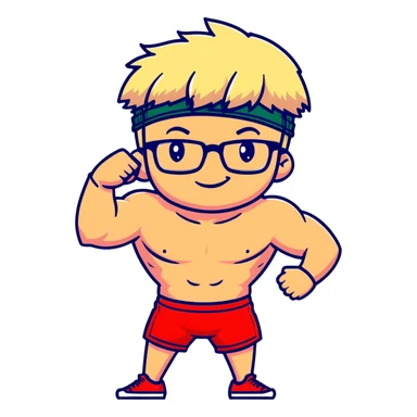 Skinny man with black and white cap, thin bare torso, red shorts, clear glasses, messy light blond mullet hairstyle, smiling and attempting to flex nonexistent muscles sticker