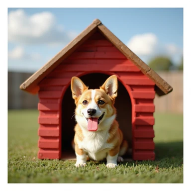 realistic red dog house with a Corgi dog inside, Corgi with a popsicle, photorealistic style sticker