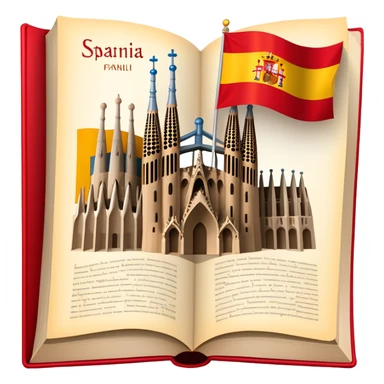 An icon featuring the Sagrada Familia and the flag of Spain, symbolizing the Spanish language. The design includes an open book with Spanish text and flamenco dancers, representing language learning and cultural heritage. Transparent background sticker