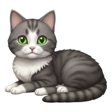 full body tiny short hair dark grey and white cat with white front legs and green eyes lying down sticker