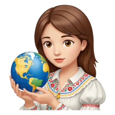 Beautiful young girl with brown hair wearing a white Ukrainian embroidered shirt holding a globe in her hand sticker