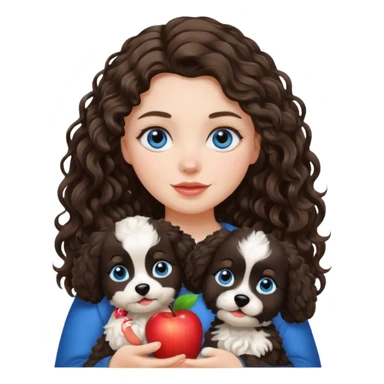 Baltic white girl with brunette wavy hair and blue eyes, holding her black and white fluffy dog, apple emoji style sticker