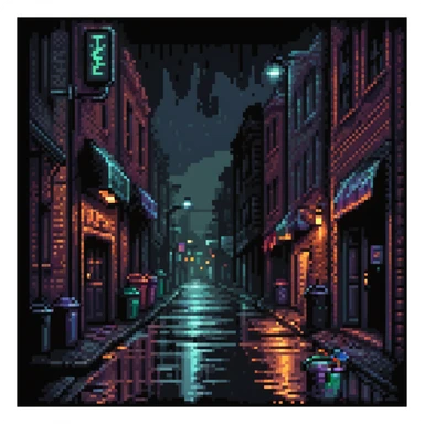 Pixel art background, dark Gotham City alley at night, flickering neon signs, wet asphalt, trash bins, moody streetlight, silhouettes in windows, Sega fighting game style
 sticker