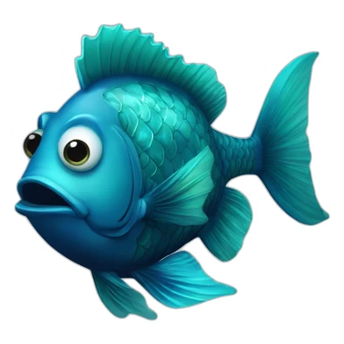 dangerous fat dark blue lantern fish with cyan lips, cyan fins and cyan tail, and cyan marble instead of eyes sticker