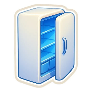 Open modern refrigerator with door slightly ajar, soft blue light glowing from inside, simple shelf shapes, no food details, rounded vector style, clean and minimal, sticker-like, white exterior. sticker