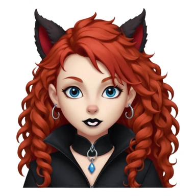  long curly red hair (darker), red pointed ears with black trim, black goth outfits, body and face human, blue eyes, more pointy chin, black lipstick, one big fluffy red squirrel tail with black tips, like the attached photo with more outfits and poses,  sticker