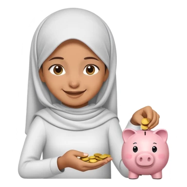 smiling Muslim girl carefully putting coins and bills into piggy bank, emoji style sticker