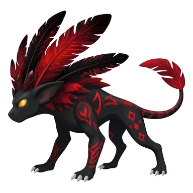 Rare black and red realistic dark edgy tropical tribal patterned feathery skeletal badass epic handsome gorgeous aesthetic colorful vibrant Vernid-Trico-species-Fakemon-creature by LiLaiRa, 4 legs, 1 tail, random markings, (full body) sticker