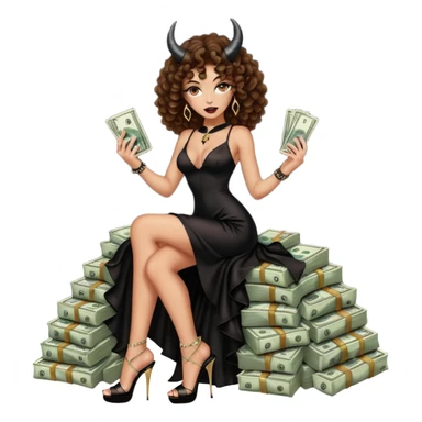 seductress evil brown curly haired sexy drug lord woman with clear glittery platform heels on her feet and devil black long silky sexy cutout dress, wearing black horns on her head, holding a stack of cash, has a phone in  other hand sticker
