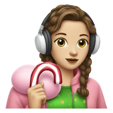 woman with brown hair and pale skin with green eyes and a pink sweatshirt and white earmuffs and holding a candy cane sticker